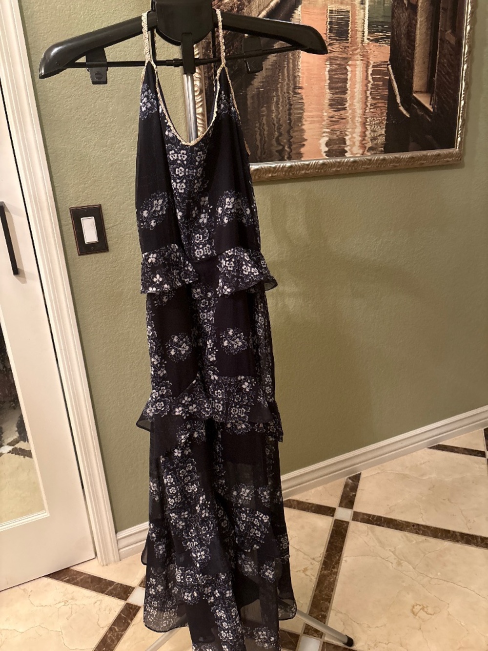 Gianni Bini navy &  cream Floral Tiered Ruffle Halter Maxi Dress - Size L